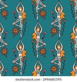 Divine feminine woman yoga asana illustration seamless pattern print. Boho magic sun and summer groovy vibe chill ornament concept. Mystical new age wellness holistic flat art. Silhouette abstract