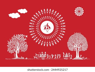 Divine Festivities - Warli Art Celebrating Shri Krishna Puja and Rural Joy. Blessed Moments - Warli Art Capturing Shri Krishna Puja Amidst Rural Happiness. Village Joyful Celebration Art.