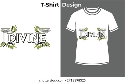 Ilustração vetorial de t-shirt da tipografia floral divina, design de texto da natureza com folhas para beleza orgânica, bem-estar e temas botânicos.