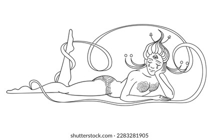 Divine goddess. Boho sacred magic woman relax lying. Hand drawn magical doodle element for spiritual design. Reiki concept. Line art. Vector illustration isolated on white background.