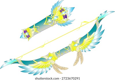 Divine Goddess Bow with Feathers and Crystals - Fantasy Archer Weapon Vector for RPG Games