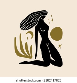 Divina diosa ilustración del clipart vector. Mujer mágica sagrada Boho. Símbolo místico arte holístico plano. Concepto de Reiki de meditación curativa. Nuevo concepto de la silueta abstracta moderna.