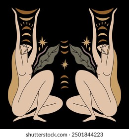 Divine goddess vector clipart illustration. Boho sacred magic woman. Mystical symbol flat holistic art. Healing meditation Reiki concept. New Age concept modern abstract silhouette.