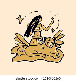 Divine Goddess Vector Illustration. Boho Sacred Magic Woman With A Lioness. Holistic Art. Healing Meditation New Age Concept