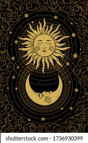 Divine golden crescent moon pattern with face, sun and clouds on a black background. Boho design elements for tarot, astrology, tattoo, cover. Vector illustration