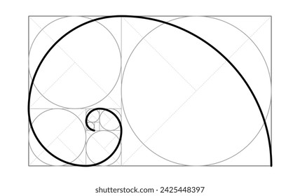 Divino, plantilla de proporción de oro. Círculos en proporciones doradas. Espiral dorada, método de la sección dorada, matriz de Fibonacci