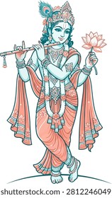 Divine Hindu deity Krishna with flute and lotus depicted in a tranquil stylized vector graphic. Ideal for spiritual and cultural promotions.