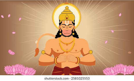 A divine illustration of Lord Hanuman in a meditative pose, symbolizing strength, devotion, and humility. The glowing aura, falling petals