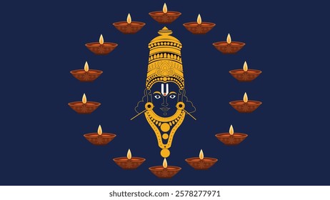 Divine illustration of Lord Venkateshwara Swami’s sacred face adorned with jewelry and surrounded by glowing diyas, symbolizing devotion, spiritual blessings, and divine energy