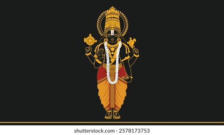 Divine illustration of Lord Venkateshwara Swami adorned with traditional jewelry and garland, holding the Sudarshan Chakra and Shankha, symbolizing devotion, prosperity, and blessings