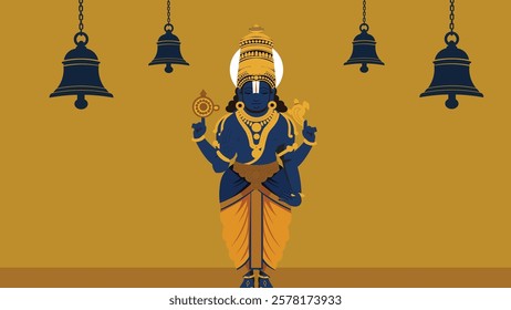 Divine illustration of Lord Venkateshwara Swami adorned with traditional ornaments, standing beneath sacred temple bells, symbolizing devotion, prosperity, and spiritual blessings