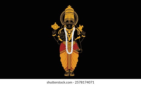 Divine illustration of Lord Venkateshwara Swami adorned with sacred ornaments and a pearl garland, holding the Sudarshan Chakra and Shankha, symbolizing devotion and prosperity