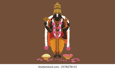 Divine illustration of Lord Venkateshwara Swami adorned with floral garlands and surrounded by bowls of offerings, symbolizing devotion, prosperity, and spiritual blessings