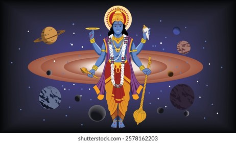 Divine illustration of Lord Vishnu in his cosmic form, holding the Sudarshan Chakra, Shankha, Gada, and Lotus, surrounded by celestial planets, symbolizing universal balance