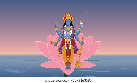 Divine illustration of Lord Vishnu seated on a blooming lotus above the cosmic ocean, holding the Sudarshan Chakra, Shankha, Gada, and Padma, symbolizing balance and protection