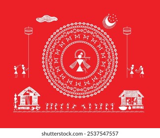 Divine Joy: A Serene Warli Depiction of Krishna and Rural Festivities. Warli Krishna art, Indian folk art Krishna, Tribal Krishna artwork, Warli religious art