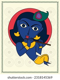 Divine Leela: Kalighat Art Portraying the Enchanting Lord Krishna. Kalighat Painting, Contemporary Art, Indian Paintings, Wall Paintings, Modern Art Paintings. 