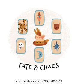 Divine magic ritual, tarot cards with a sun, a moon, a skull, a star, a devil and a dagger piercing the heart, a burning candle nearby. Esoteric, mystic card design with Fate and Chaos text.