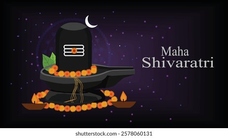  A divine Maha Shivaratri artwork featuring a beautifully adorned Shivling with marigold garlands, Bilva leaves, and lit diyas, symbolizing devotion and spiritual energy. The crescent moon 