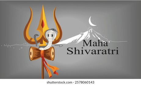 A divine Maha Shivaratri artwork featuring Lord Shiva’s Trishul, Damru, and a serpent. sacred mountain and crescent moon in the background represent Shiva’s celestial presence.