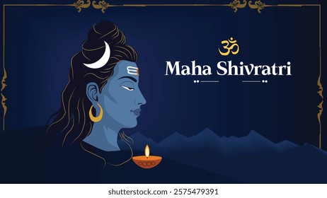 A divine Maha Shivratri greeting featuring a profile of Lord Shiva, an Om symbol, a diya lamp, and "Maha Shivratri" text, celebrating the spiritual occasion