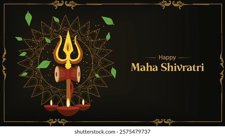 A divine Maha Shivratri greeting featuring a trident, diyas, and a vibrant background with "Happy Maha Shivratri" text, celebrating the auspicious occasion