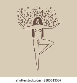 Divine plant tree growth Vrksansana yoga pose body woman illustration. Mother Earth, wellness, ecology growth feminine concept.