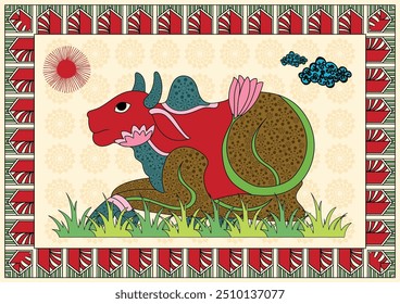 Divine Protector: A Serene Gond Artwork of Nandi. Gond Nandi painting, Indian folk art Nandi, Tribal Nandi artwork, Hindu god art, Wildlife Gond painting.