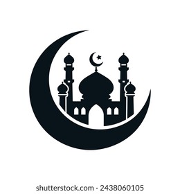 Divine Symbol Mosque Silhouette Seated on Crescent Moon in Vector