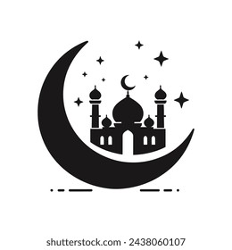 Divine Symbol Mosque Silhouette Seated on Crescent Moon in Vector