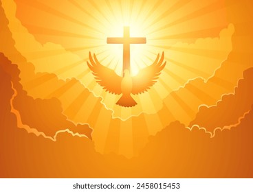 Divine symbolism for Pentecost or Ascension Day, a majestic dove spreads its wings against a dramatic backdrop of a cross and cloudscape, themes of spiritual ascension and divine presence