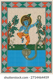 Triunfo Divino - A Batalha Épica com a Serpente Múltipla Kaliya. Madhubani Pintura de Lorde Krishna Dançando em Kaliya Nag. Arte Madhubani, Krishna Leela, Kaliya Mardan, mitologia indiana
