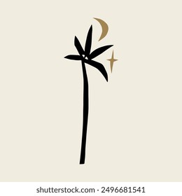 Divine tropical ethnic palm plant minimalistic illustration. Boho magic jungle summer chill groovy vibe chill concept. Mystical new age wellness holistic flat art. Silhouette minimal abstract cartoon