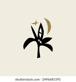 Divine tropical ethnic palm plant minimalistic illustration. Boho magic jungle summer chill groovy vibe chill concept. Mystical new age wellness holistic flat art. Silhouette minimal abstract cartoon