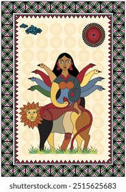 Divine Warrior: A Captivating Gond Artwork of Durga Devi. Gond Durga Devi painting, Indian folk art Durga Devi, Tribal goddess artwork, Hindu god art, Wildlife Gond painting.