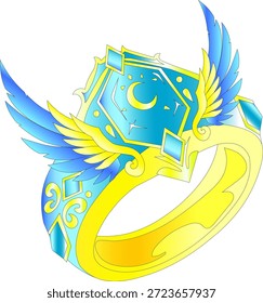 Divine Winged Moon Ring - Golden Magic Jewelry with Blue Crystals for Fantasy RPG Games