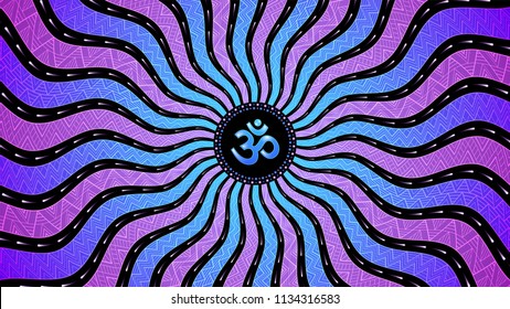 Divinely symbol Om; Spiritual sacred geometry, mandala in trance psychedelic style; Vector illustration, horizontal format.