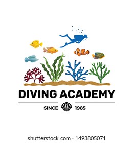 Diving academy courses training booklet advertising lettering with scuba diver silhouette colorful seaweeds and fish vector illustration