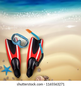 Diving accessories on tropical beach sand realistic top view with flippers snorkel mask marine creatures vector illustration 