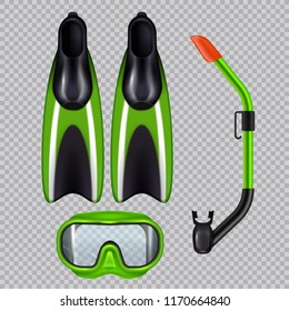 Diving accessories realistic set with snorkel breathing tube mask and flippers  green on transparent background vector illustration 