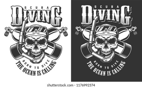 Diving apparel design with skull in the diving mask. Vector illustration