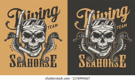 Diving apparel design with skull in the diving mask. Vector illustration