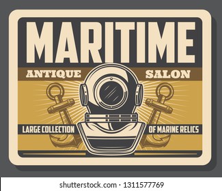 Diving aqualung helmet and ship anchors. Maritime antique salon vector vintage poster of rarity marine l relics and nautical seafarer adventure museum