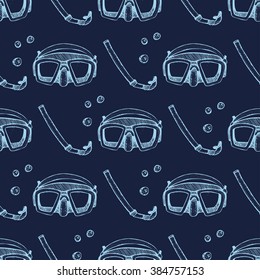 Diving background, line seamless pattern with mask, tube and oxygen bubbles, blue and white illustrate
