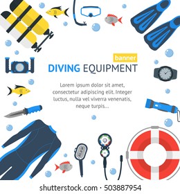 Diving Banner Flat Design Style. Vector Equipment banner Icon Set. Mask and Snorkel or Scuba, Flippers and Suit. Diver Aqualang Tank Swimwear 