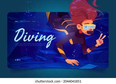 Diving banner with woman scuba diver with mask shows victory gesture under water in sea or ocean. Vector landing page with cartoon underwater landscape with girl in wetsuit with aqualung