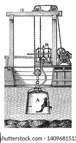 Diving Bell Shaped Chamber Filled With Compressed Air To Allow Divers To Surface Underwater, Vintage Line Drawing Or Engraving Illustration.