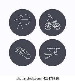 Diving, biking and archery icons. Bobsled linear sign. Flat icons in circle buttons on white background. Vector