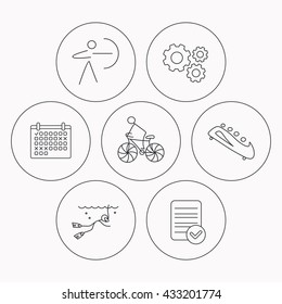 Diving, biking and archery icons. Bobsled linear sign. Check file, calendar and cogwheel icons. Vector