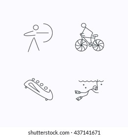 Diving, biking and archery icons. Bobsled linear sign. Flat linear icons on white background. Vector
